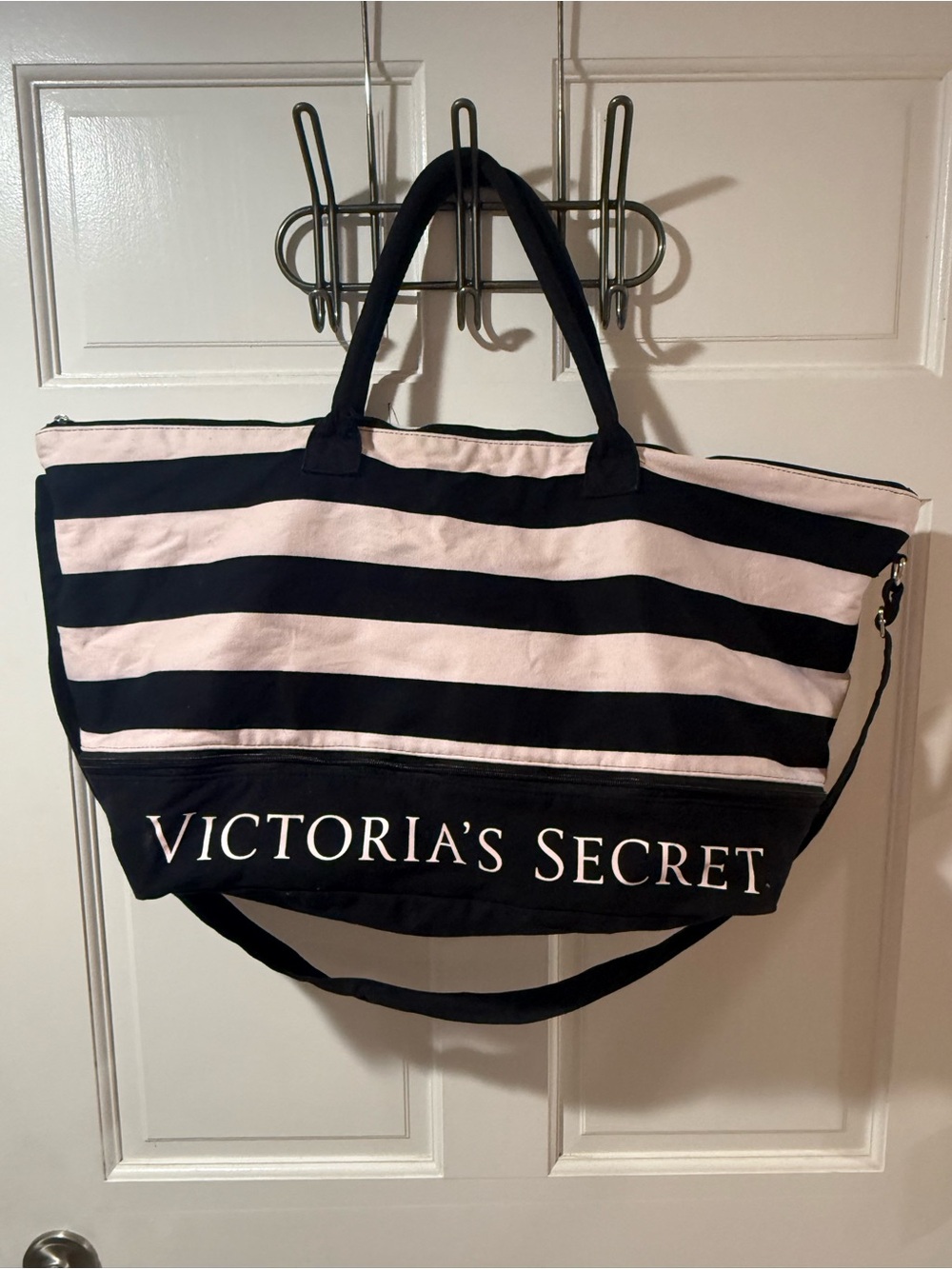 Victoria's Secret Black & Light Pink Striped weekender duffle bag